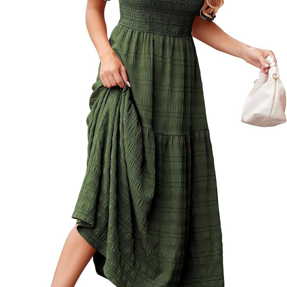 Womens Summer Dresses 2025 Casual Puff Short Sleeve Crewneck Smocked Flowy Ruffl - Picture 1 of 7